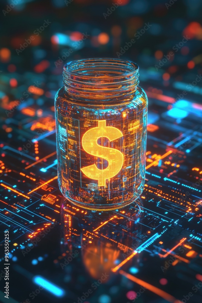 Poster a jar with a dollar sign on it is sitting on a computer screen. the jar is surrounded by a colorful,
