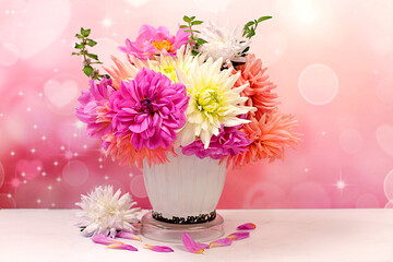 Beautiful flowers dahlias, asters, buttercups in a vase, autumn banner for advertising, abstract floral arrangement, holiday card, seasonal still life, selective focus.