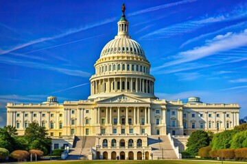 Obraz premium iconic, tourists, minimalist, architecture,Capitol building, USA, politics, Capitol building exterior with its iconic dome and columns set against a clear blue sky in Washington DC USA