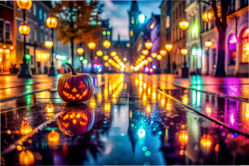 A pumpkin is sitting on a wet street in the middle of the night. The street is lit up with colorful...