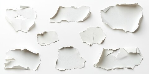 Fototapeta premium Collection of torn paper pieces with textured edges, white background. AI generated illustration