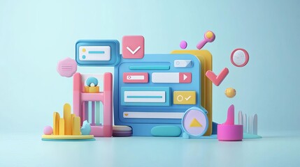 A 3D search engine interface with floating tabs and filters, symbolizing user-friendly search customization