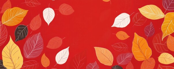 Obraz premium Autumn-themed phone wallpaper with colorful falling leaves on a vibrant red background, capturing the essence of the fall season's beauty and warmth.