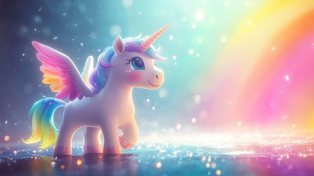 Cute rainbow unicorn with wings on a sparkling background.
