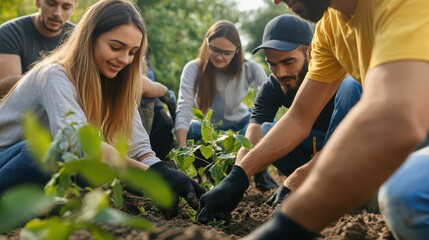 A group of people of different ethnicities participating in a community volunteer project, planting trees.