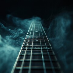 Close-up of an electric guitar neck, with smoke rising from the strings