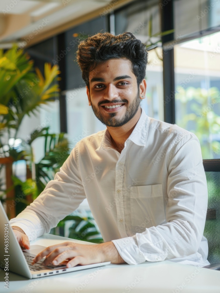 Poster a man is sitting at a desk with a laptop in front of him. he is smiling and he is happy