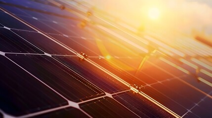 Close-up of a Solar Panel with Glowing Sunset in the Background
