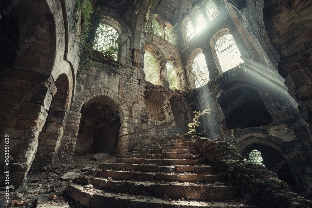 Poster a large, abandoned building with a lot of broken windows and a lot of debris. the building appears t