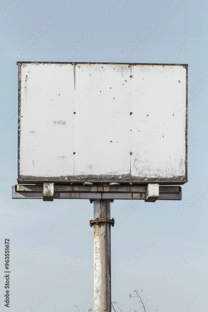 Poster a white billboard with a black frame is standing on a pole. the billboard is empty and has a rusted 