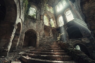 A large, abandoned building with a lot of broken windows and a lot of debris. The building appears to be in a state of disrepair, with the inside of the building being dark and gloomy