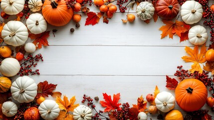 top view of Thanksgiving  pumpkins with leaves on table 