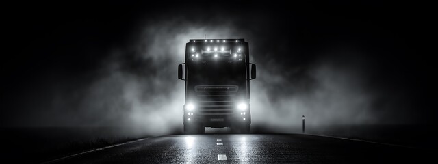 black and white truck image, close-up of truck, night road