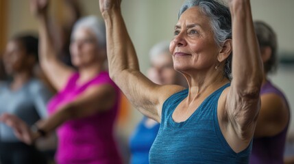 A group of older adults of different ethnic backgrounds participating in a fitness class at a community center.