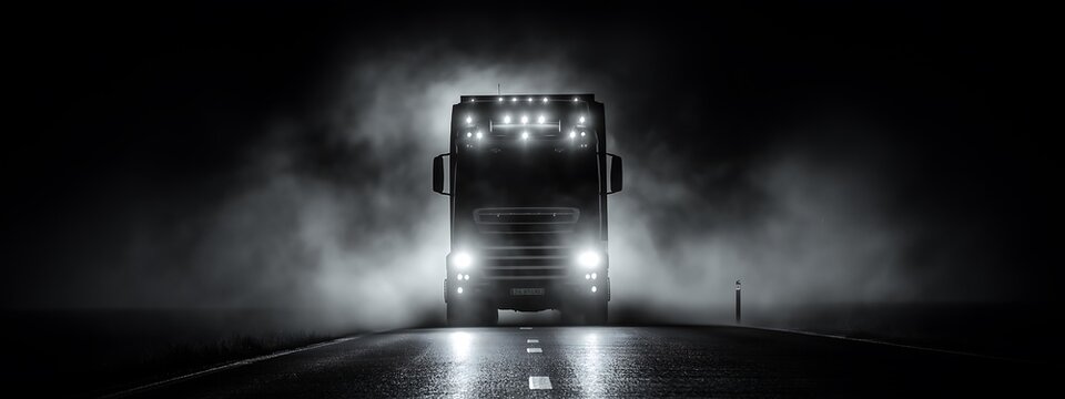 Fototapeta black and white truck image, close-up of truck, night road