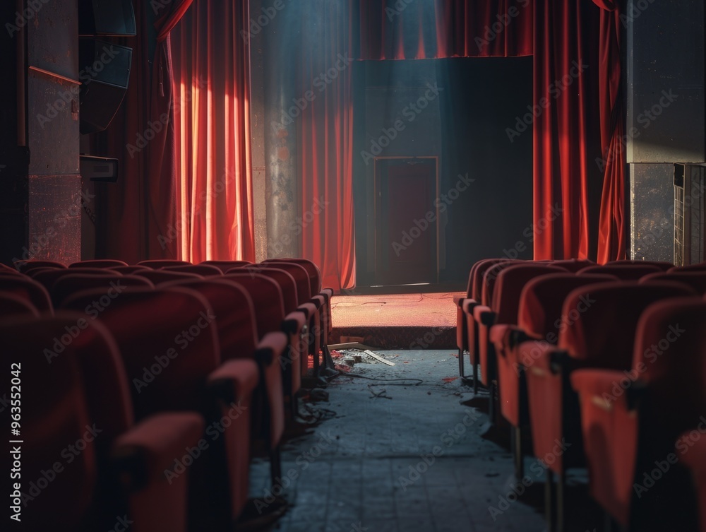 Poster a theater with red curtains and empty seats. scene is one of emptiness and solitude