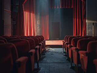 A theater with red curtains and empty seats. Scene is one of emptiness and solitude