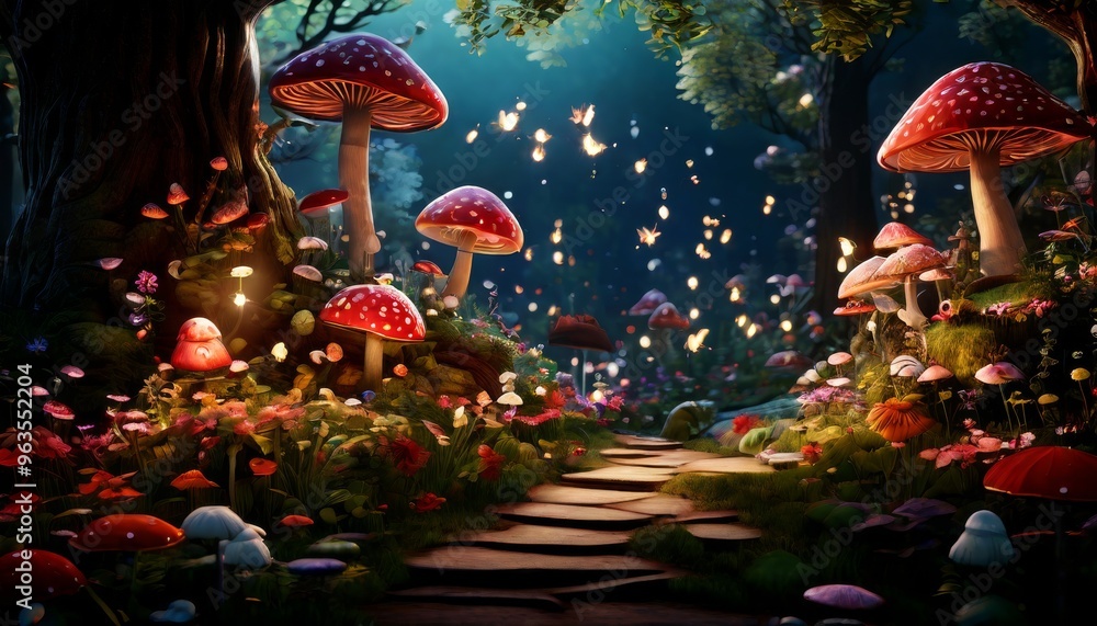 Poster enchanting scene of a mystical forest path, surrounded by large glowing mushrooms and sparkling ligh