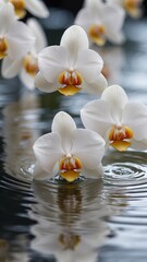 Fototapeta na wymiar White orchids floating on rippling water.