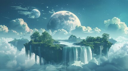 A breathtaking celestial landscape features floating islands with waterfalls, lush greenery, and a surreal starry sky with a large moon, ideal for fantasy, science fiction, and dream-like settings,