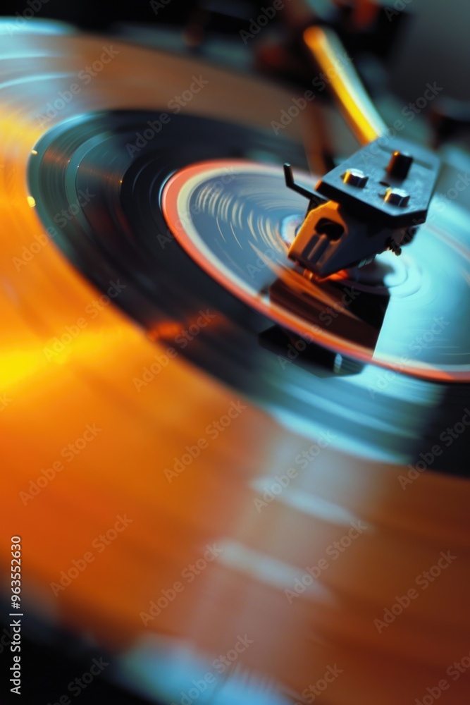 Poster a record player is spinning a record with a stylus on it