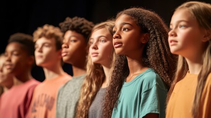 A diverse group of teenagers participating in a community theater production, rehearsing their lines on stage.