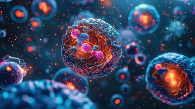 A vivid microscopic view of cellular structures glowing in a dark field, perfect for use in scientific articles, research presentations, and educational materials on microbiology and cellular biology