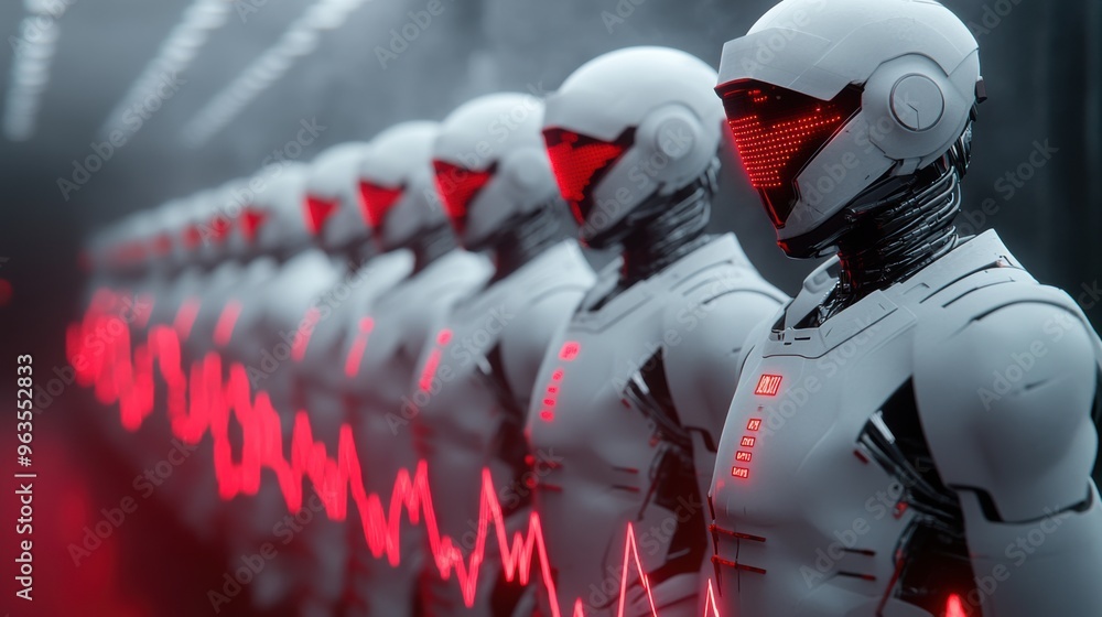 Poster a row of robots lined up in a line with glowing red lights, ai