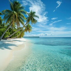 A stunning tropical beach with clear turquoise waters, white sand, and leaning palm trees under a vibrant blue sky, perfect for travel brochures, vacation advertisements