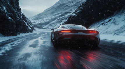 Rear view of a sports car driving on a snowy mountain road. Dark environment 