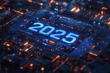 Obraz premium Glowing 2025 on a Futuristic Circuit Board