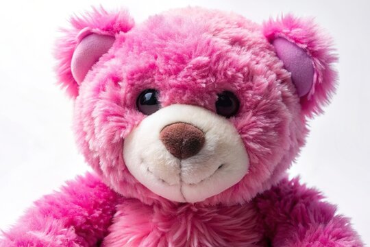 lotso, A close up shot of a soft fur plush stuffed teddy bear in cute shades of pink and magenta with a lotso expression placed on a white background as seen from a worm s eye view