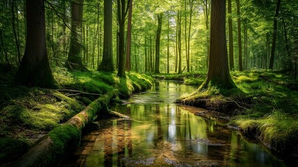 Obraz premium A tranquil creek meanders through a lush, green forest, sunlight dappling the water and creating a sense of peace and serenity.