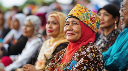A diverse group of people attending a cultural festival, wearing traditional clothing and enjoying cultural performances.