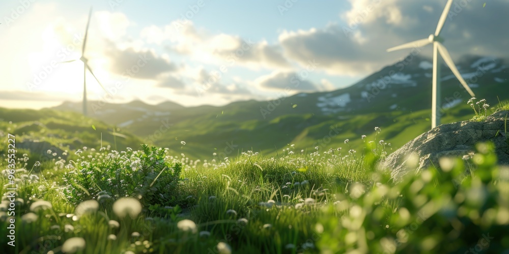 Poster a field of grass with two wind turbines in the background