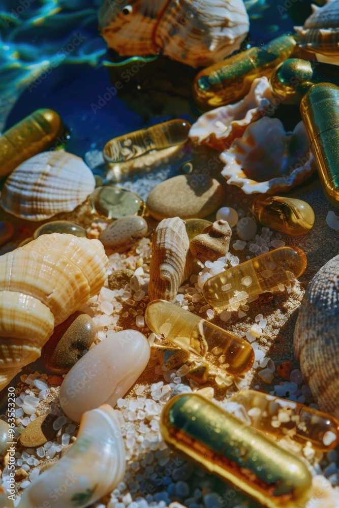 Poster a pile of pills and shells on a beach. the pills are in various shapes and sizes, and the shells are