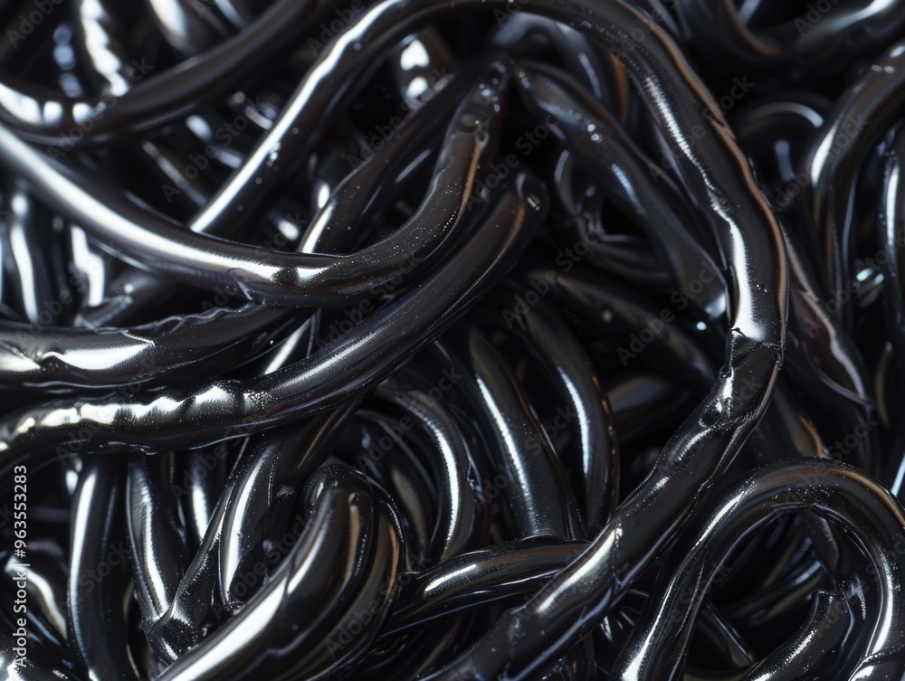 Poster a close up of a bunch of black wires. the wires are twisted and tangled, creating a sense of chaos a