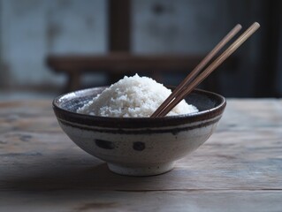 A bowl of rice with chopsticks in it. The bowl is white and brown and the chopsticks are wooden