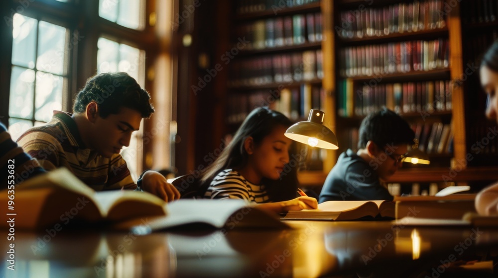 Poster a group of people are sitting at a table in a library, studying and writing. scene is focused and st