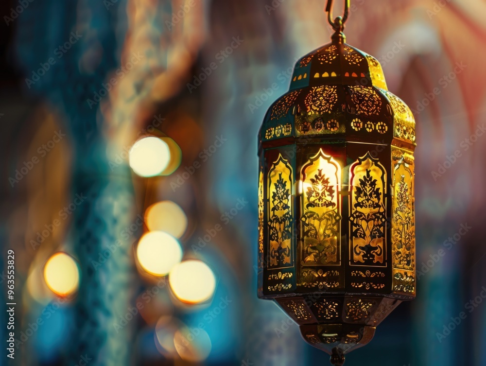 Poster a gold lantern with a light inside is hanging from the ceiling. the lantern is lit up, creating a wa