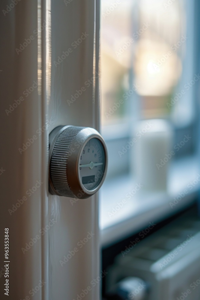 Poster a small silver dial with a clock on it sits on a white door. the dial is set to the number 12