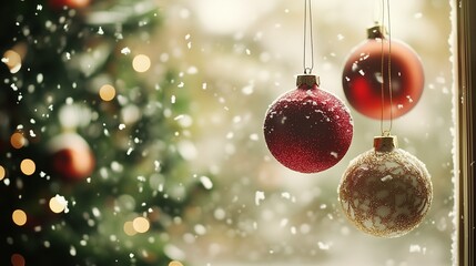 Classic Christmas ornaments hanging by a window, with snowflakes and bokeh lights in the backdrop. Perfect festive scene with ample copyspace for holiday messaging.