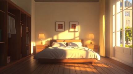 Sunrise in a Bedroom with a Wooden Bed and Closet
