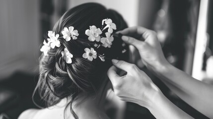 Naklejka premium A woman with a flowery headpiece is getting her hair done by a stylist. The stylist is carefully placing the flowers in the woman's hair, creating a beautiful and elegant look