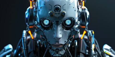 Fototapeta premium A robot with blue eyes and a silver face. The robot is wearing headphones and has a black and orange design