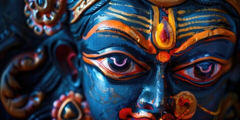 Obraz premium A woman's face with a blue and gold face mask