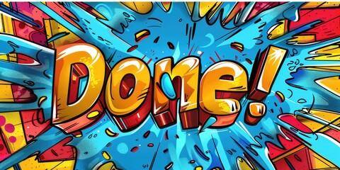 Fototapeta premium Dynamic comic-style 'Done!' text with vibrant colors, symbolizing completion, achievement, and reaching a goal. AI generated illustration
