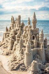 A sand castle is built on the beach with a castle in the background