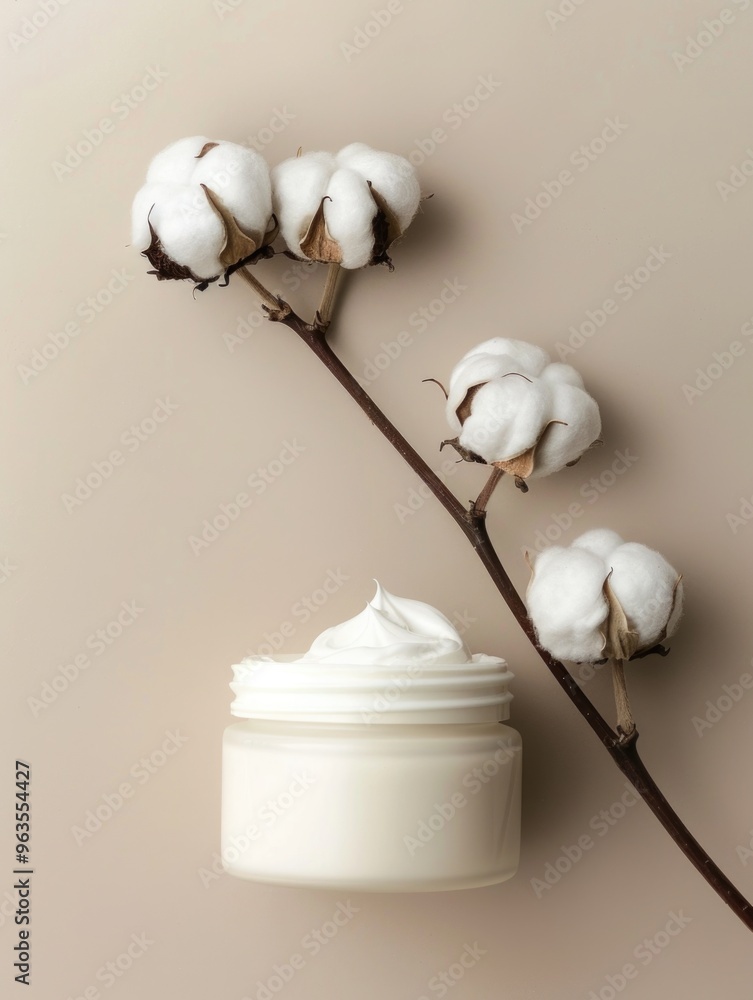 Poster a jar of white cream is on a table next to a branch of cotton flowers. the flowers are arranged in a