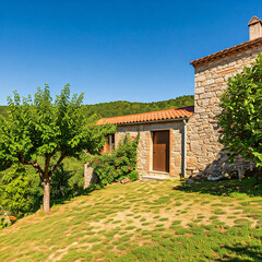 Naklejka premium Rustic stone house nestled in lush greenery under a clear blue sky